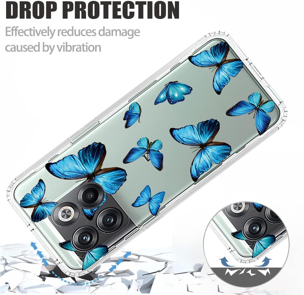 Ueokeird Case for Oneplus 10T 5G/Oneplus Ace Pro Case, CPH2415 Case with Tempered-Glass Screen Protector, Clear Butterfly Pattern Full Body Protective Phone Cover for Oneplus 10T 5G (Blue Butterfly)  Ueokeird   