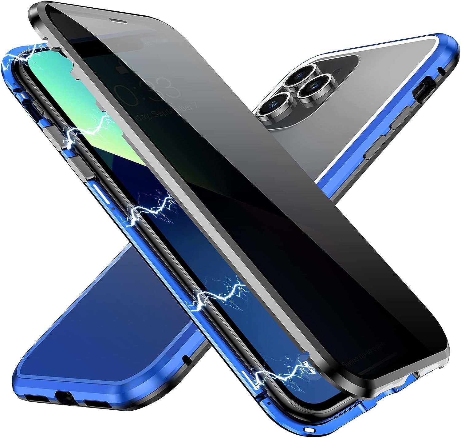 YUNQE Privacy Magnetic Case for Iphone 12 Pro Max, Double Sided Magnet Adsorption Cover with Anti-Peep Screen Protector and Camera Lens Full Body Protective for Iphone 12 Pro Max, Red  YUNQE Blue-Silver Iphone 11 Pro Max-6.5" 