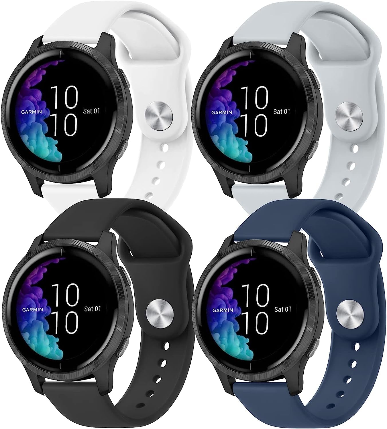 4 PACK Bands for Garmin Venu / Venu Sq / Vivoactive 3 Watch Band, 20Mm Adjustable Soft Silicone Sport Replacement Wristband Strap for Garmin Venu Sq, Vivoactive 3 Music, Forerunner 645 / 245 Music, Samsung Galaxy Watch 4  Wanme Black+NavyBlue+Gray+White  