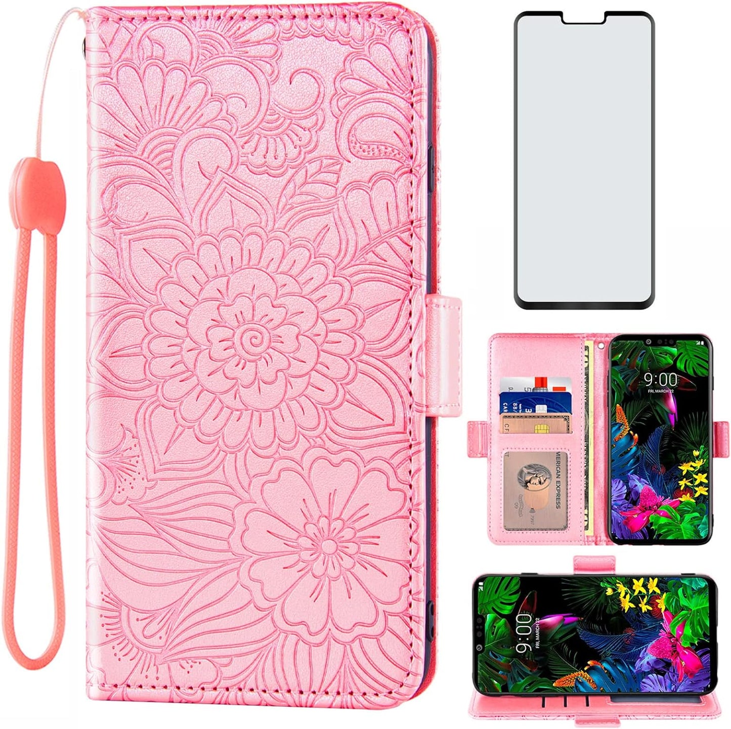 Compatible with LG G8 Thinq Wallet Case and Tempered Glass Screen Protector Card Holder Stand Leather Flip Cell Accessories Phone Cover for LGG8 Thin Q G 8 LG8 G8Thinq Lgg8Thinq 8G Women Men Blue  Asuwish Rose Gold For Lg G8 