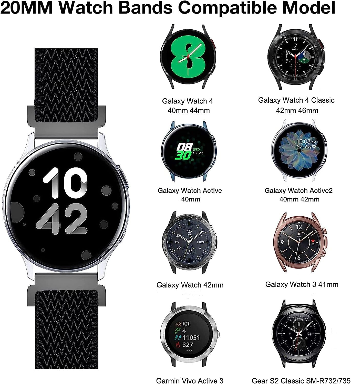 20Mm Stretchy Bands Compatible with Samsung Galaxy Watch 5/4 40Mm 44Mm/Watch 5 Pro 45Mm/Watch 4 Classic 42Mm 46Mm, Nylon Strap for Galaxy Active 2 40 44Mm/Active 40Mm/Watch 3 41Mm/Galaxy Watch 42Mm  BOTNUW   