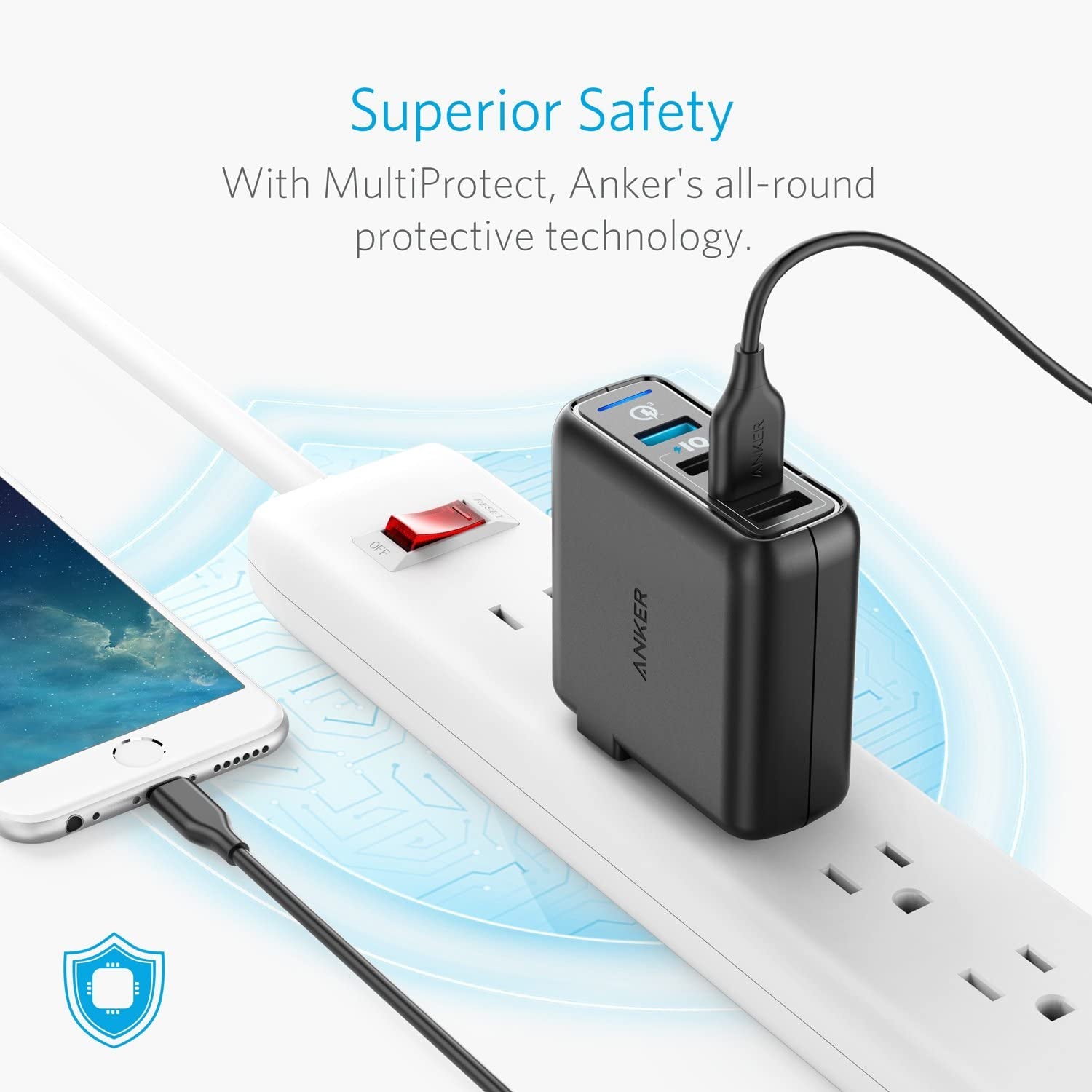 Anker Quick Charge 3.0 43.5W 4-Port USB Wall Charger, Powerport Speed 4 for Galaxy S7/S6/Edge/Edge+, Note 4/5, LG G4/G5, HTC One M8/M9/A9, Nexus 6, with Poweriq for Iphone 7, Ipad, and More  Anker   
