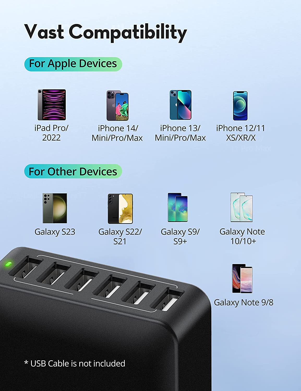 USB Charger 60W USB Charging Hub 12A 6-Port Desktop USB Charging Station with Multiple Port Compatible with Iphone 14 Pro Max 13 Pro Max Mini 12 Pro Max, Ipad Pro Air Galaxy S23 Edge Note Tablet Black  Rolvse   