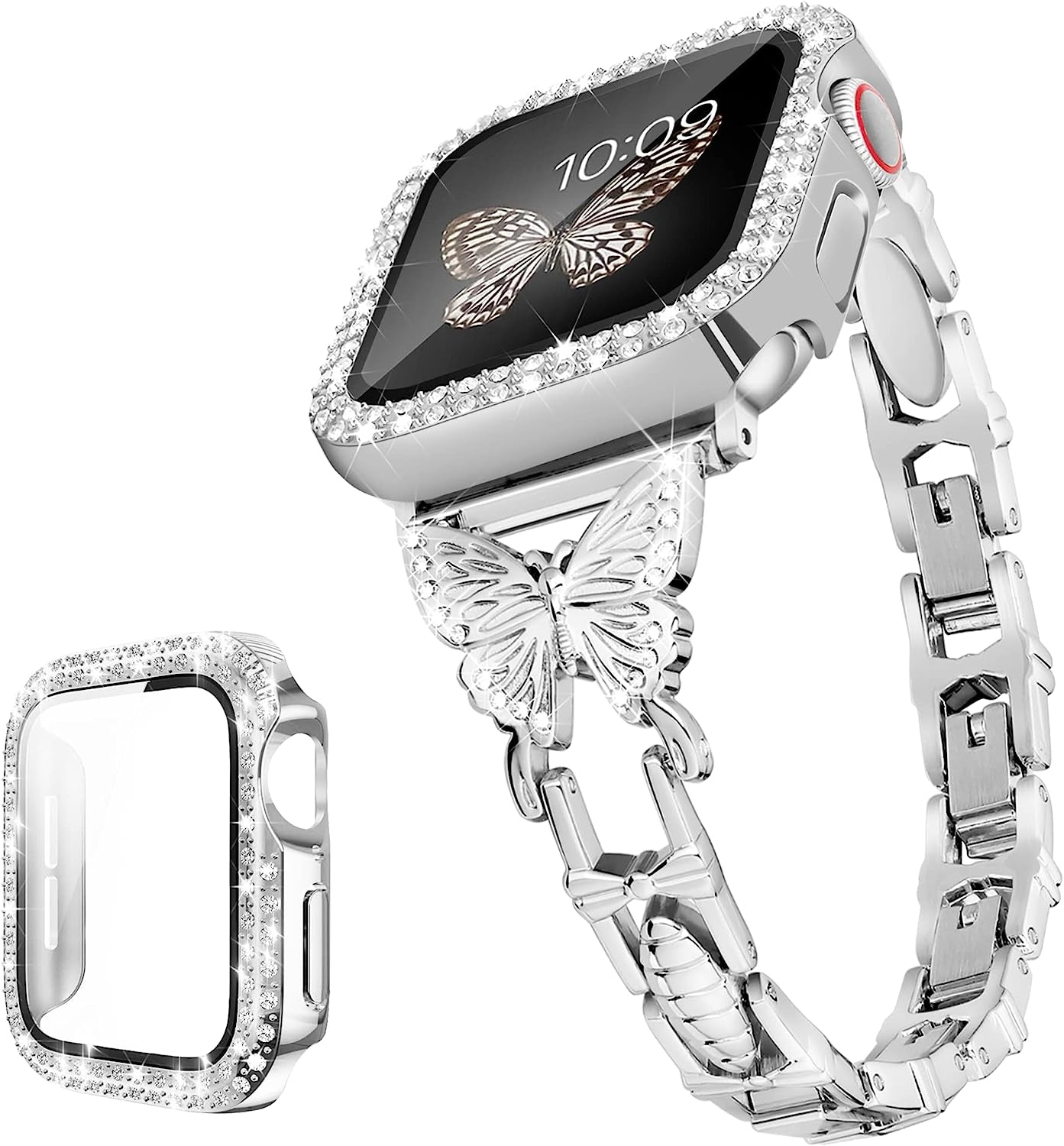 Wipalor Compatible with Apple Watch Band 42Mm 44Mm 45Mm 49Mm, Lightweight for Women, Easy Adjustable Bracelet, Shiny Diamond on Butterfly, Jewelry Metal Strap for Iwatch Series 8 7 6 5 4 3 2 1 SE Ultra(Rose Gold)  NB-tech Company Twinkling Case&Silver Band Case+Band 40mm 