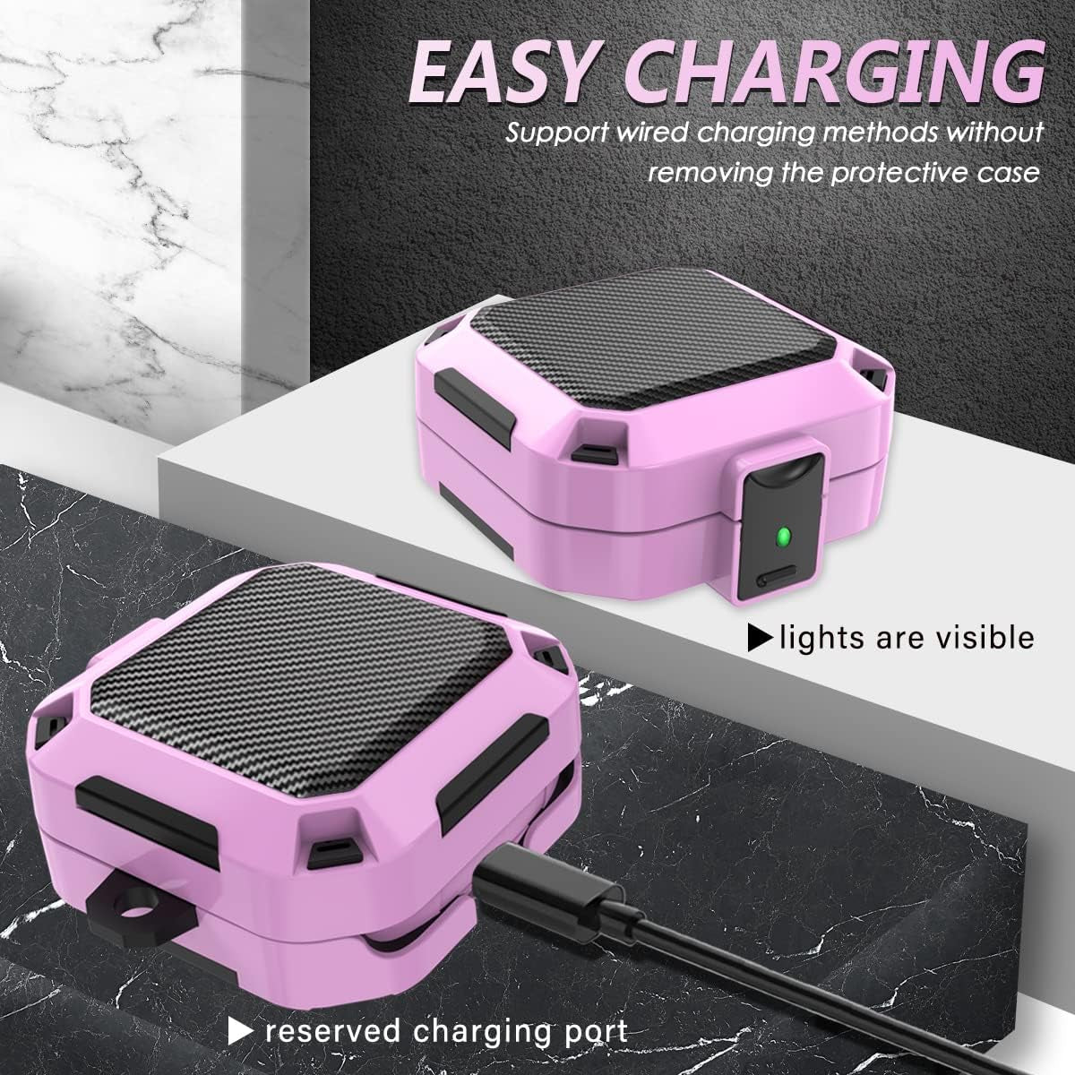 Secure Lock Case for Beats Fit Pro 2021, Carbon Fiber Texture Beats Fit Pro Earbuds Case Cover with Anti-Lost Keychain/Storage Box/Cleaning Brush/Wrist Strap (Pinkish Purple)  Mooyavia   