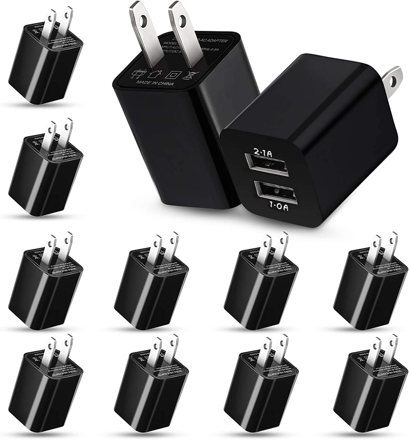 12 Pieces USB Wall Plugs USB Charger Blocks Charging Blocks for Wall Outlet 2.1A Dual Port USB Wall Plug Fast Charging for Most Smartphones and Tablets (Black)  Zhanmai   