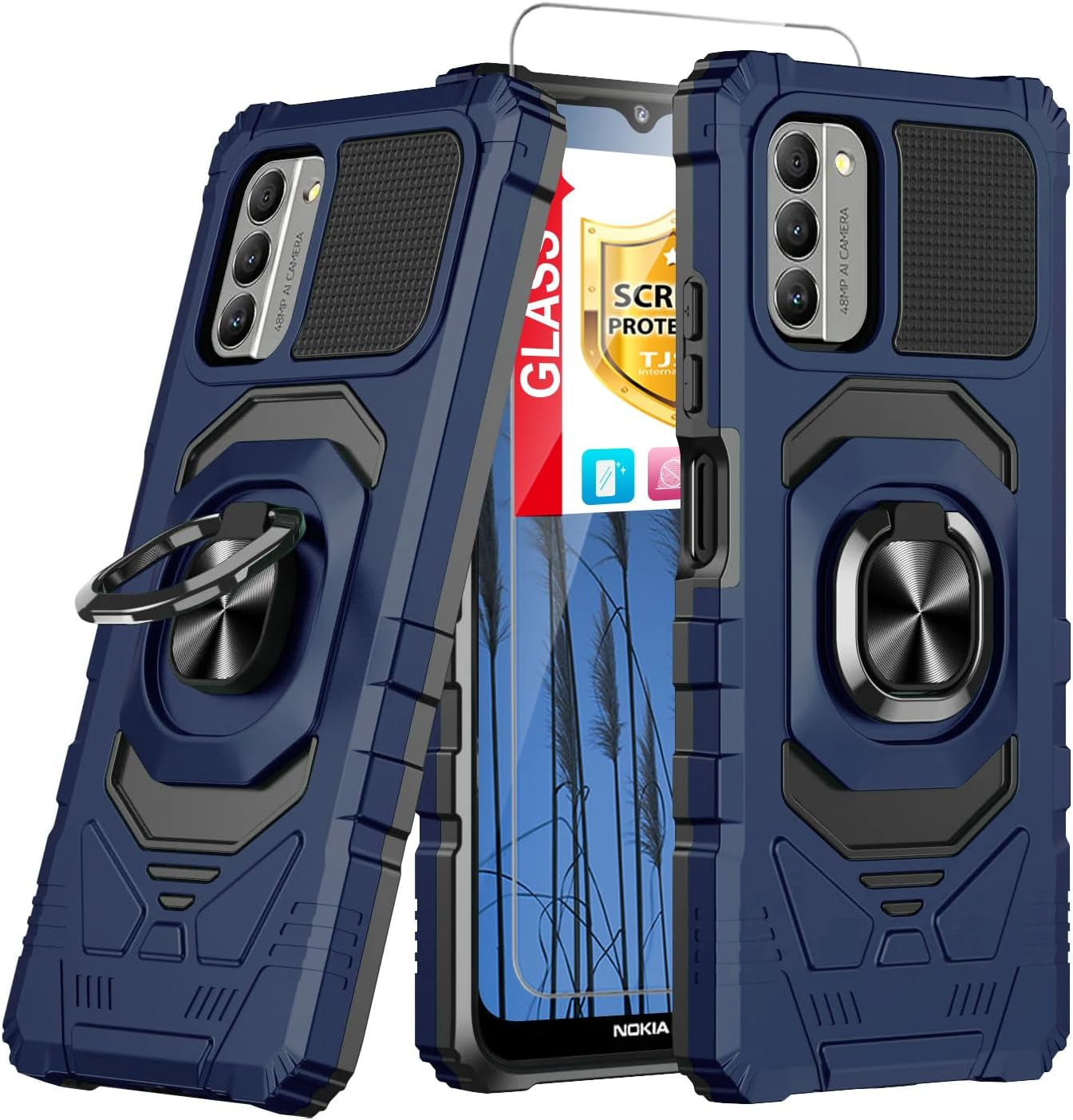 TJS Compatible for Nokia G100 Case (N150Dl)/Nokia C300 Case (N155DL), with Tempered Glass Screen Protector, Metal Ring Magnetic Support Kickstand Heavy Duty Protection Phone Case (Red)  TJS Blue  