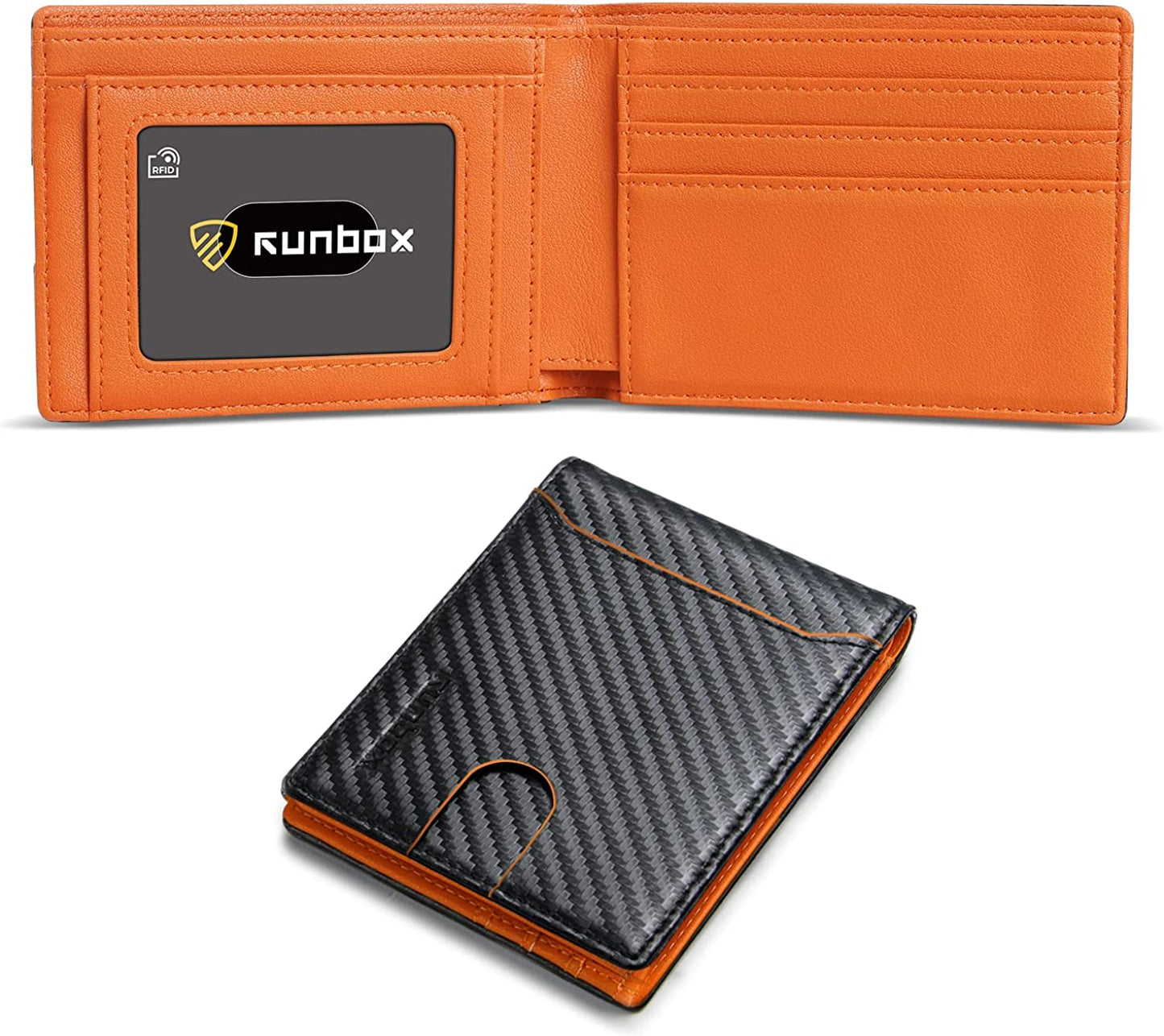 RUNBOX Bifold Slim Wallet for Men - Rfid Blocking Leather Front Pocket Men'S Wallet with Gift Box  RUNBOX black & orange & orange edge  