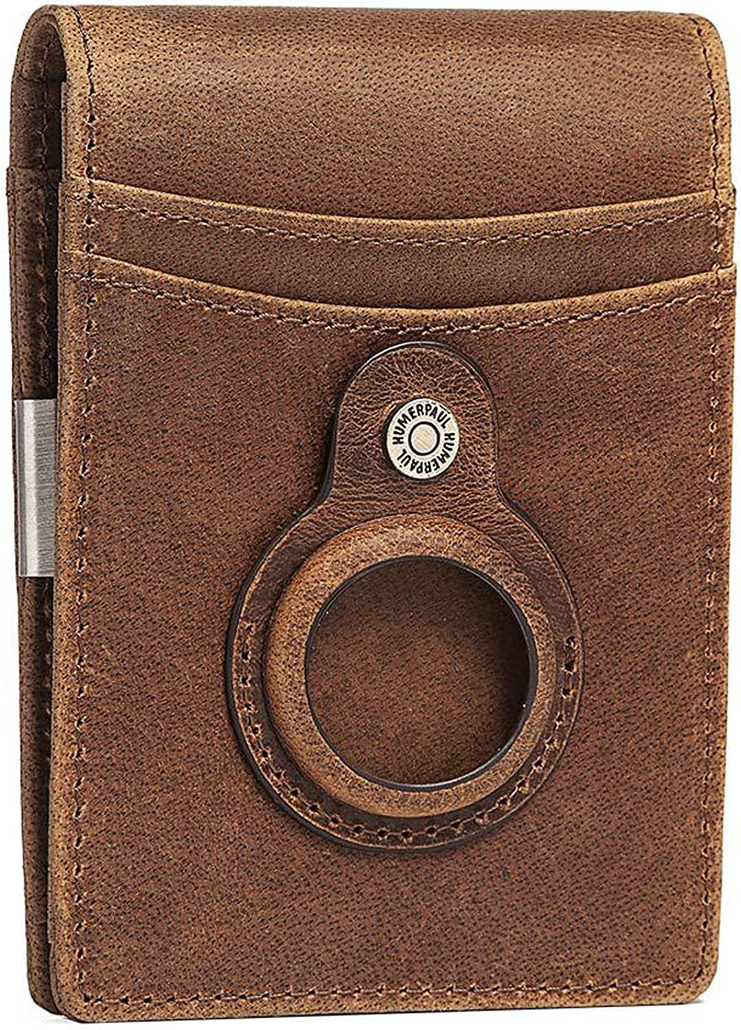 Mens Money Clip Wallet with Airtag Slot RFID Blocking with 2 ID Windows, Fashion Art Vintage Wallet for Him  AdirMi Brown  