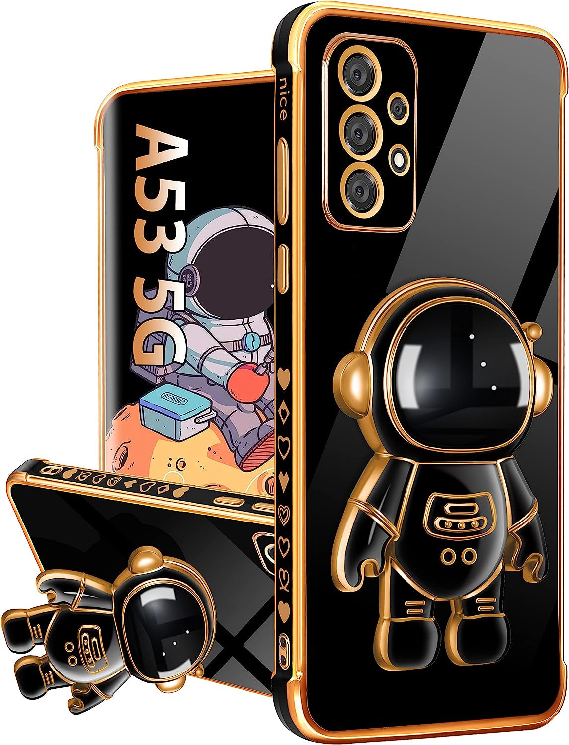 Buleens for Samsung A53 5G Case with Astronaut Stand, Women Girls Galaxy A53 5G Cases, Girly Cute 6D Outer Space Heart Pattern Phone Cover for Samsung Galaxy A53 5G Case 6.5 Inch White  Buleens Samsung Galaxy A53 5G-Black  