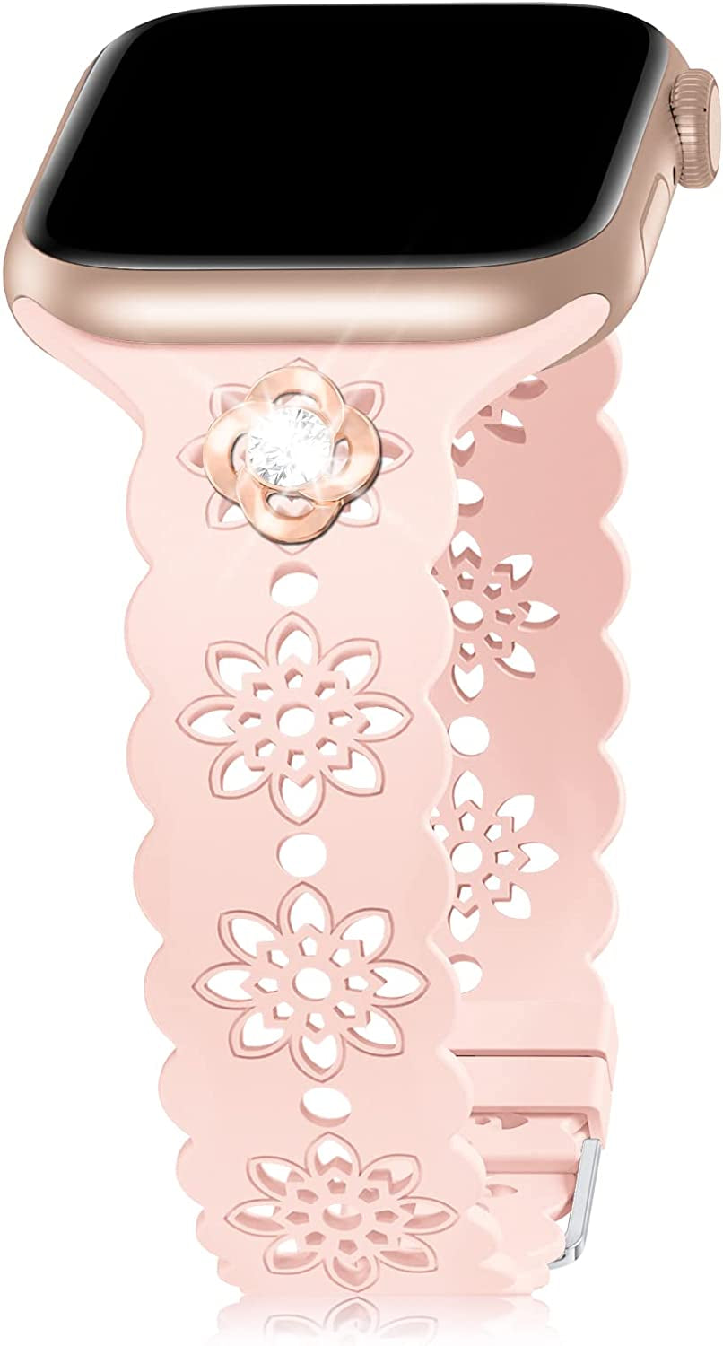 Floral Silicone Band Compatible with Apple Watch Bands 38Mm 40Mm 42Mm 44Mm 41Mm 45Mm 49Mm Women Men, Slim Hollow-Out Design Wristbands Soft Sport Breathable Watch Bands for Iwatch Ultra SE Series 8/7/6/5/4/3/2/1  Wewatri Pink with Rose (Rose Gold) 38mm/40mm/41mm 