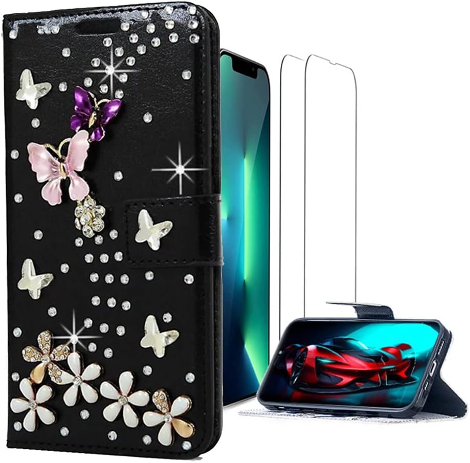 Luziun Glitter Design Phone Case Compatible with Oneplus Nord N200 5G - 3D Luxury Girls Women Shiny Bling Handcrafted Protective Cover with Screen Protector (2 Pack) - Butterfly Floral Flower  LUZiUN Butterfly Floral Flower - Wallet Case Design For Iphone 13 Pro Max 