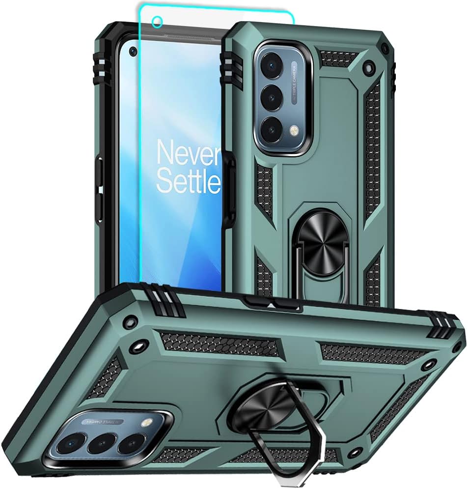 Aozuoton Oneplus Nord N200 5G Case: Military Grade 16Ft Drop Tested, Ring Shockproof Protective Cover with HD Screen Protector, Blue  Yanmen Oneplus Nord N200 5G Case Dark Green  
