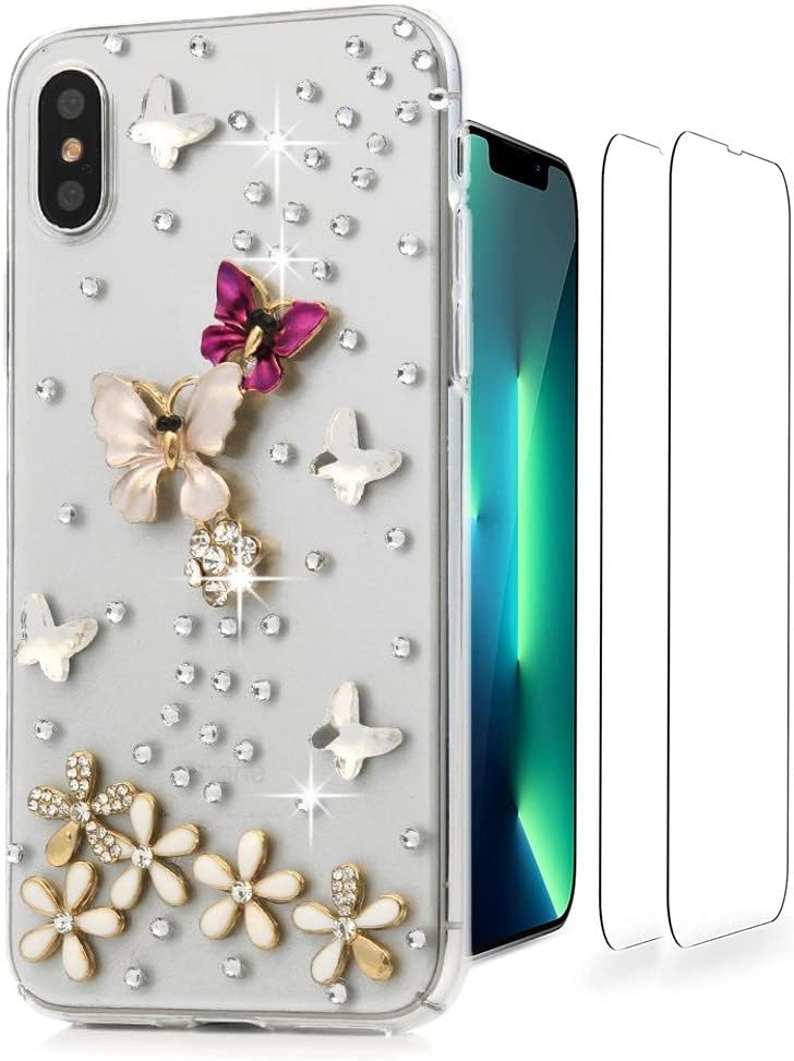 Luziun Glitter Design Phone Case Compatible with Oneplus Nord N200 5G - 3D Luxury Girls Women Shiny Bling Handcrafted Protective Cover with Screen Protector (2 Pack) - Butterfly Floral Flower  LUZiUN Butterfly Floral Flower - Case Design For Samsung Galaxy A02S 