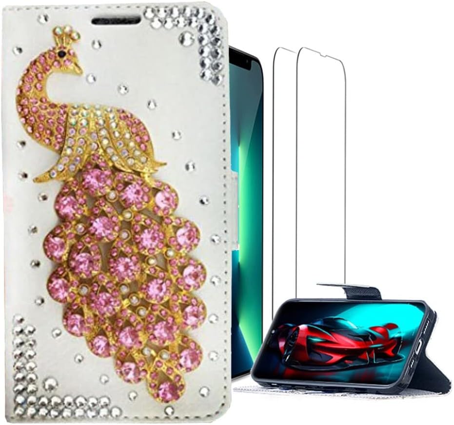 Luziun Glitter Design Phone Case Compatible with Oneplus Nord N200 5G - 3D Luxury Girls Women Shiny Bling Handcrafted Protective Cover with Screen Protector (2 Pack) - Butterfly Floral Flower  LUZiUN Hot Pink Peacock - Wallet Case Design For Samsung Galaxy A03S 