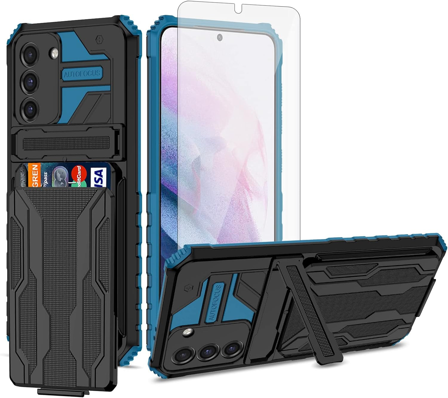 Asuwish Phone Case for Samsung Galaxy S21 plus Glaxay S21+ 5G with Tempered Glass Screen Protector Cover and Card Holder Stand Cell Accessories Gaxaly S21+5G S21Plus 21S + S 21 21+ G5 Women Men Pink  Asuwish Blue For S21 Plus / S21 Plus 5G 