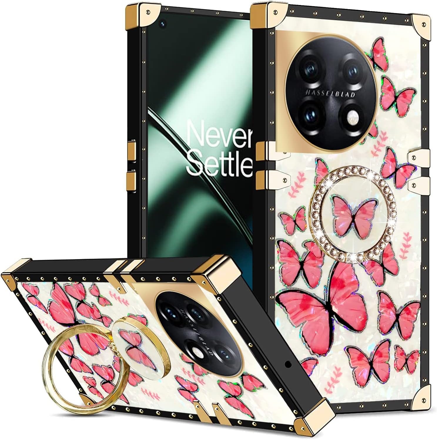 Kudini for Oneplus 11 Phone Case, Oneplus 11 5G Case for Women, Cute Square Glitter Girly Bling Stylish Retro Shock Soft TPU Protective Cover with Ring Kickstand for Oneplus 11 5G (Purple Butterfly)  KuDiNi Rose Butterfly  