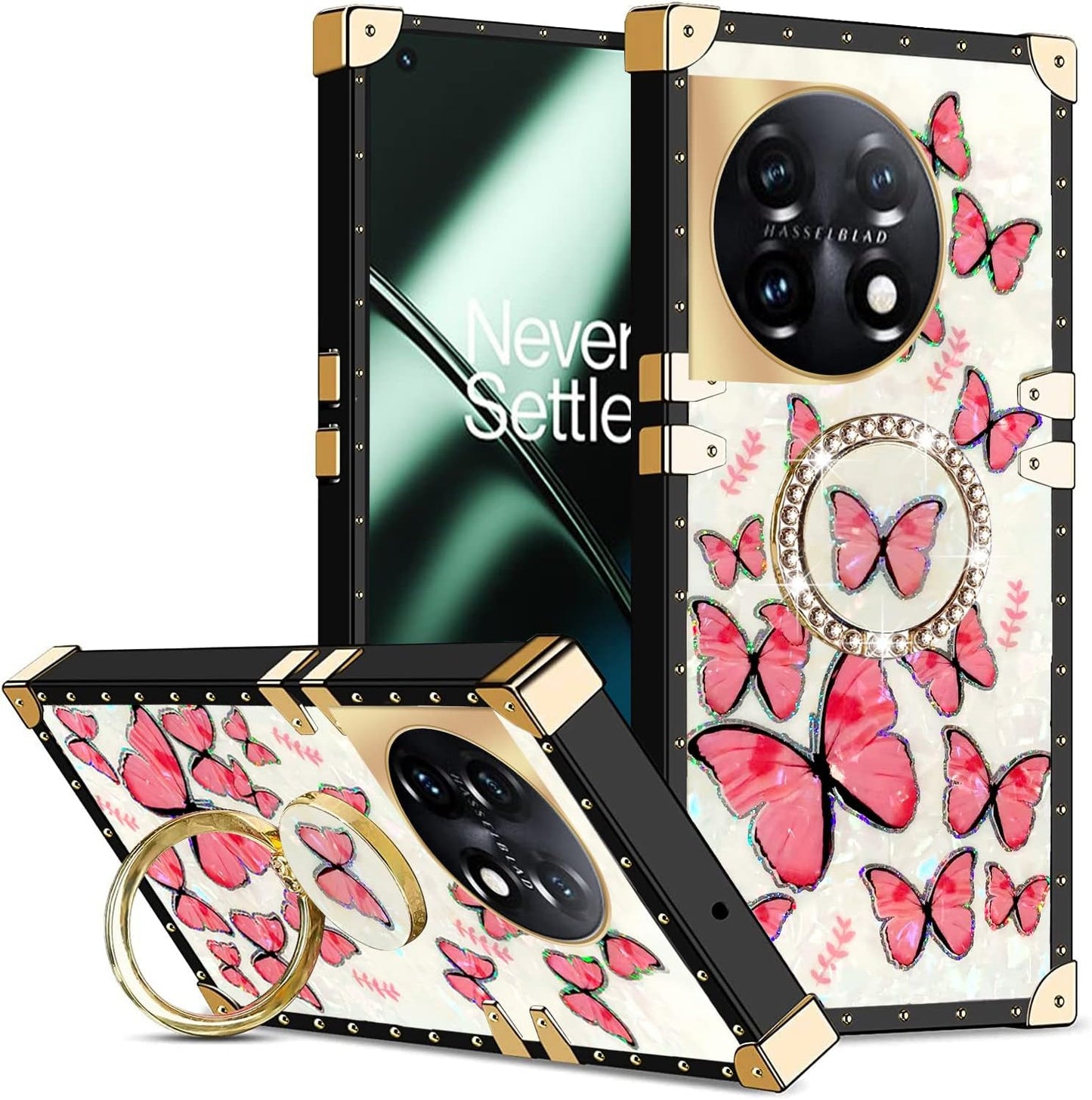 Kudini for Oneplus 11 Phone Case, Oneplus 11 5G Case for Women, Cute Square Glitter Girly Bling Stylish Retro Shock Soft TPU Protective Cover with Ring Kickstand for Oneplus 11 5G (Purple Butterfly)  KuDiNi Rose Butterfly  