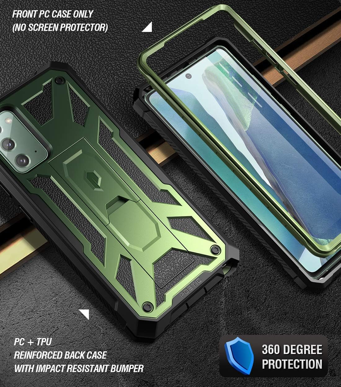 Poetic Spartan Series for Samsung Galaxy Note 20 Case, Full-Body Rugged Dual-Layer Metallic Color Accent with Premium Leather Texture Shockproof Protective Cover with Kickstand, Metallic Green  Poetic   