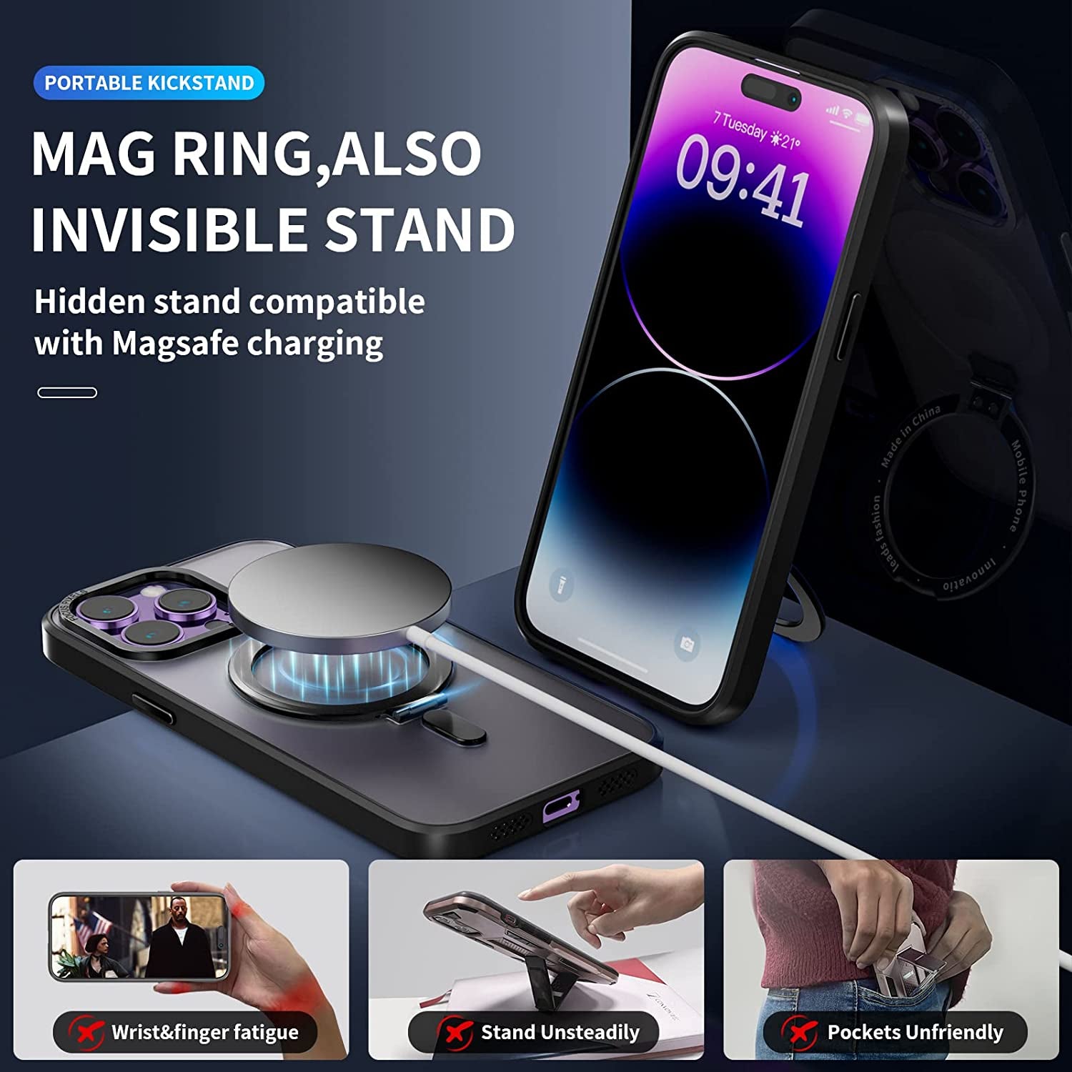 Niufoey Magnetic Stand Case for Iphone 14 Pro Max Case with Invisible Stand,[Compatible with Mag Safe][Translucent Matte Case][Tempered Glass Screen Protector+Camera Lens Protector] 6.7 Inch, Black  niufoey   