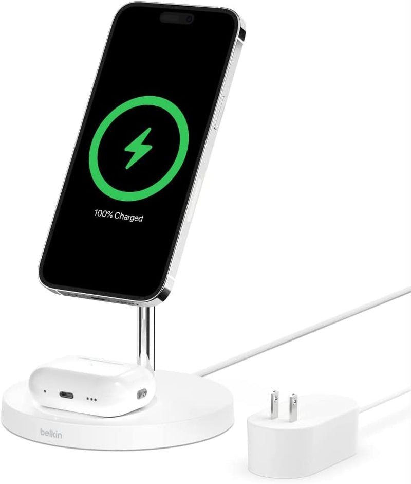 Belkin Magsafe 3-In-1 Wireless Charging Stand - 2ND GEN W/ 33% Faster Wireless Charging for Apple Watch - Iphone 14, 13 & 12 Series & Airpods - Magsafe Charging Station for Multiple Devices - Black  Belkin White 2 in 1 Stand 