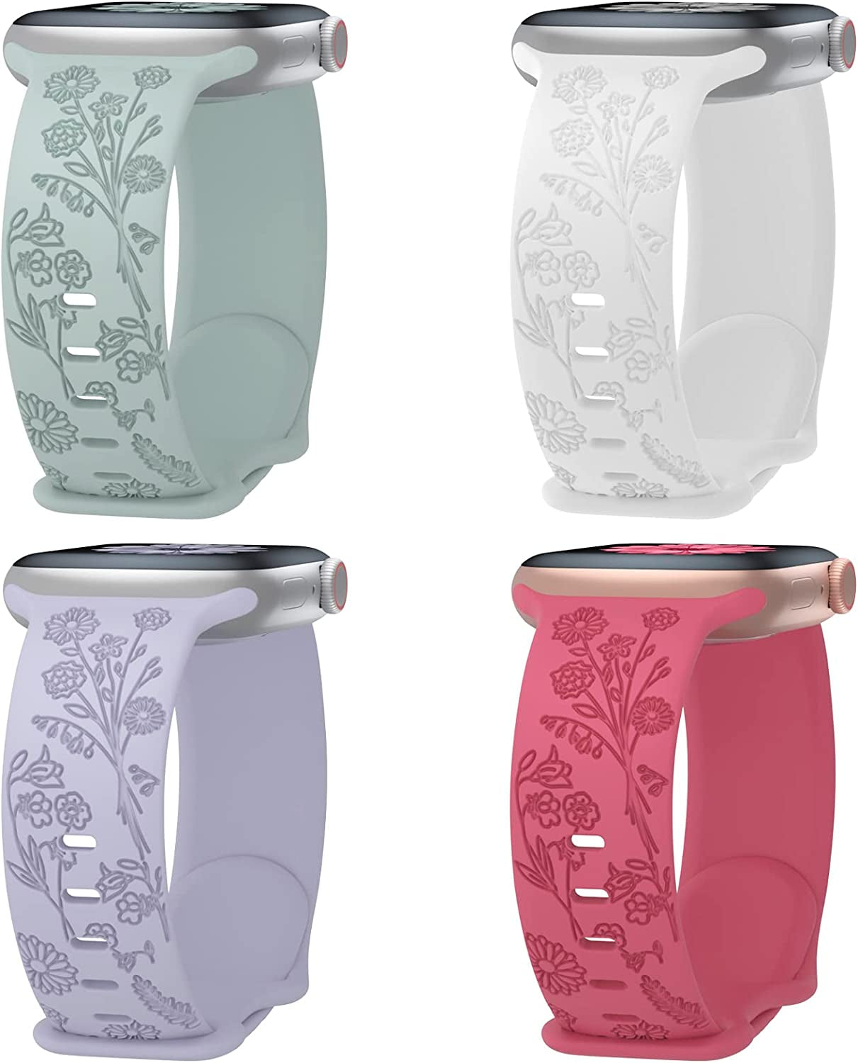 Keebowz 4 Pack Flower Engraved Silicone Band Compatible with Apple Watch Band 38Mm 40Mm 41Mm 42Mm 44Mm 45Mm 49Mm, Women Soft Floral Strap Sport Wristbands for Iwatch Series 8/7/6/5/4/3/2/1/Se/Ultra  Keebowz Succulent/White/Lavender Grey/Hibiscus 42/44/45/49mm 