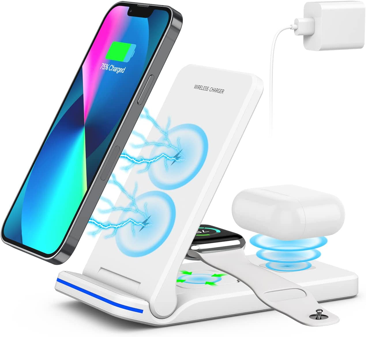 Wireless Charger, 3 in 1 Fast Charging Station, Folding Travel Wireless Charger Stand for Iphone 14,13,12,11/Pro/Max/Plus, X,XR, Xs/Max,Se, 8/Plus,Apple Watch 1-8,Airpods 3/2/Pro 18W Adapter(White)  Pendrajec   