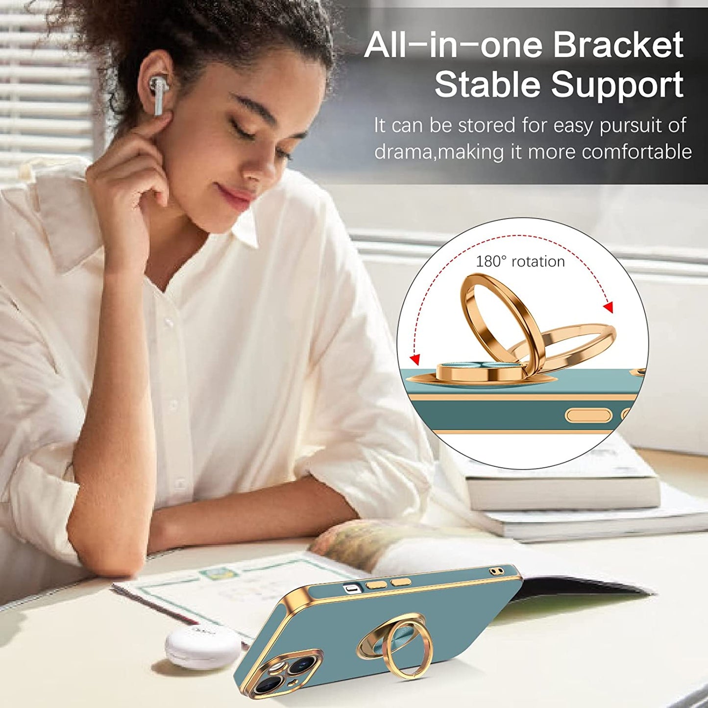 VENINGO Iphone 14 Case,Phone Cases for Iphone 14,Slim Fit Soft 360° Ring Holder Kickstand Magnetic Car Mount Supported Easy Clean Shockproof Protective Cover for Apple Iphone 14 6.1", Blue Grey/Golden  VENINGO   