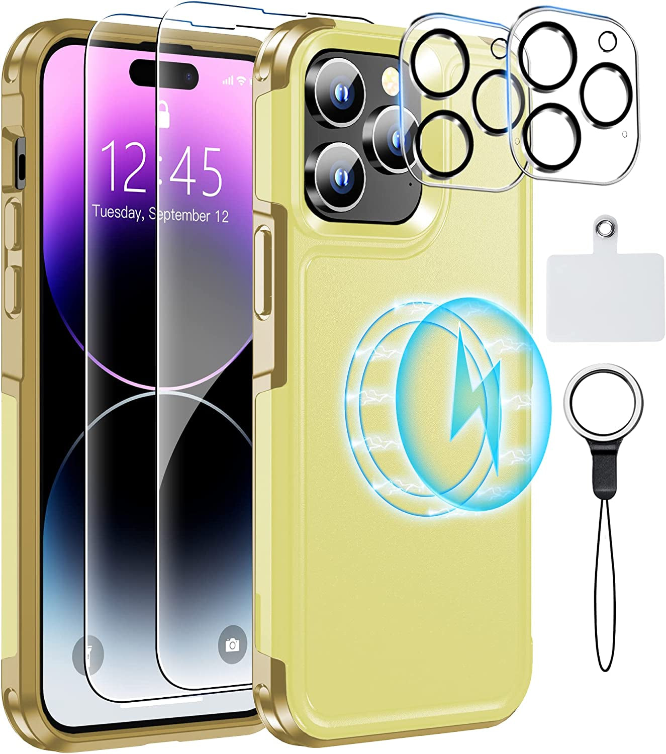 MOZOTER Magnetic for Iphone 14 Pro Max Phone Case [Compatible with Magsafe][Military Grade Drop Protection][Glass Screen Protector+Camera Lens Protector] Heavy Duty Shockproof Case 6.7 Inch-Black  MOZOTER Gold  