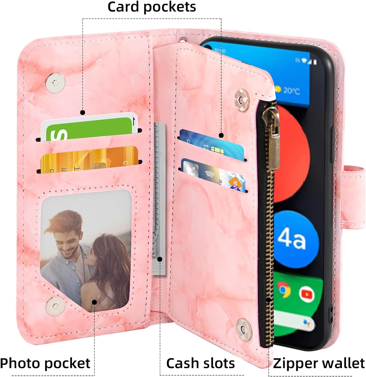 Asuwish Phone Case for Google Pixel 4A 5G 6.2 Wallet Cell Cover with Tempered Glass Screen Protector and Marble Leather Flip Credit Card Holder Slot Stand Pixel4A5G UW Pixel4A 5G Pixle A4 G5 4A5G Pink  Asuwish   