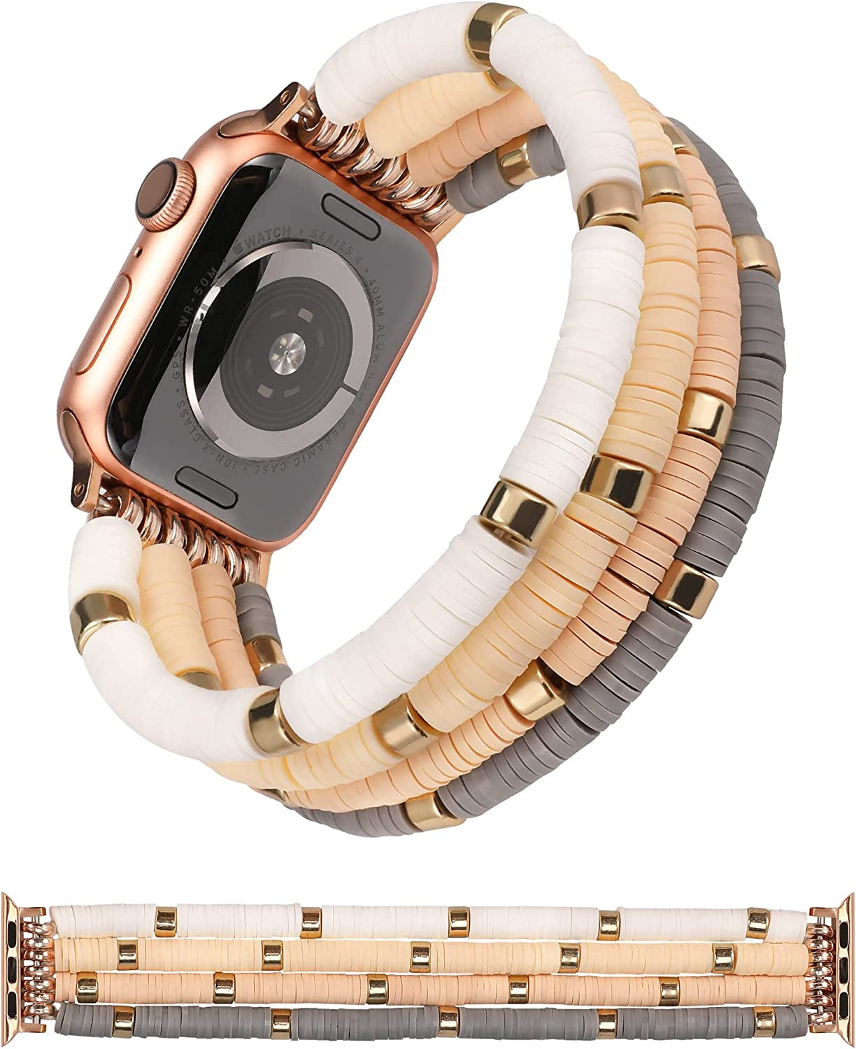 TOYOUTHS Heishi Beads Bracelet Compatible with Apple Watch Band Cute Stretch Girl Women Summer Beach Surfer Stackable Clay Preppy Jewelry Band for Iwatch 42/44/45Mm Series SE 7 6 5 4 3 2 1  TOYOUTHS Metal Style 41/40/38mm S (5.7" - 6.1" Wrist) 