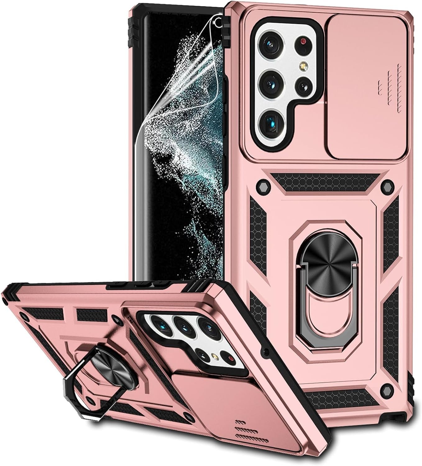 For Samsung Galaxy S22 Ultra Case with Camera Lens Cover HD Screen Protector, Military-Grade Drop Tested Magnetic Ring Holder Kickstand Protective Phone Case for Samsung Galaxy S22 Ultra 5G (Purple)  JINZHI Inc Rose Gold With Camera Cover Military-Grade 2Nd Gen  