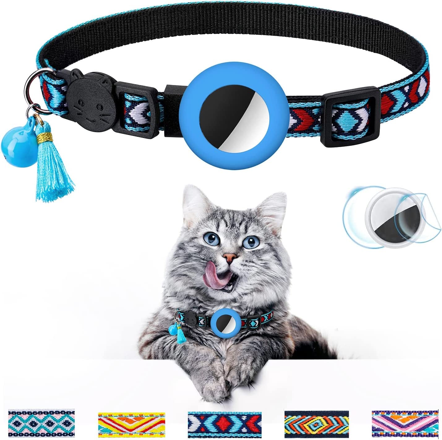 Airtag Cat Collar with Bell Adjustable Breakaway Kitten Collars:- Safety Buckle and Silicone Air Tag Holder Case Compatible with Apple Airtag Geometric Pattern Pet Collar (Pink)  OEBEESA blue  