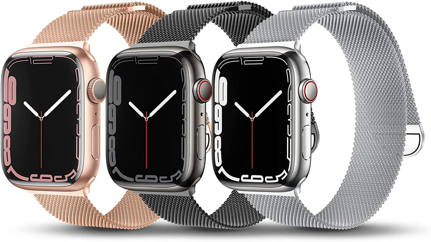 TRA 3 Pack Metal Stainless Steel Bands Compatible with Apple Watch Band 49Mm 45Mm 44Mm 42Mm 41Mm 40Mm 38Mm, Magnetic Mesh Loop Strap Wristband for Iwatch Ultra Series 8/SE/7/6/5/4/3/2/1 Men Women  TRA   