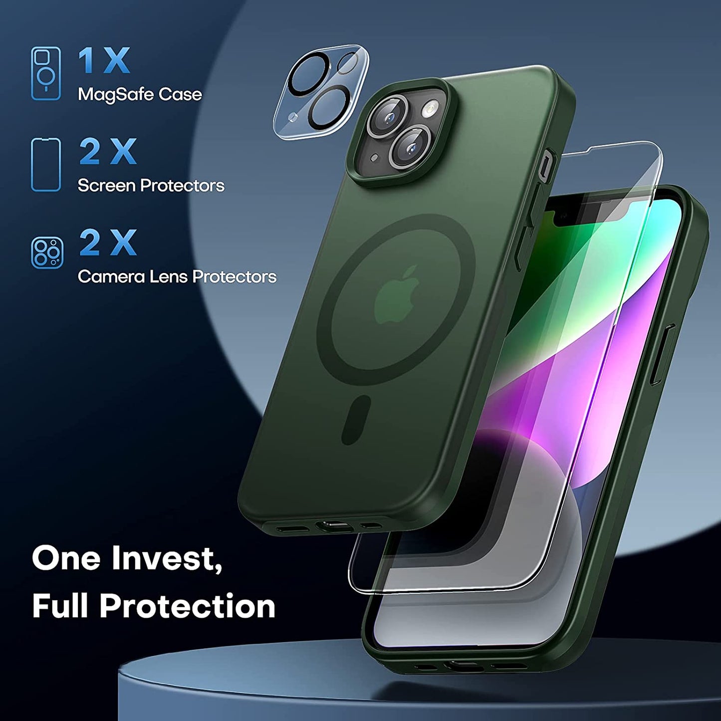 TAURI [5 in 1 Magnetic Case for Iphone 14 plus [Military Grade Drop Protection] with 2X Screen Protector +2X Camera Lens Protector, Translucent Matte Slim Fit Designed for Magsafe Case-Green  TAURI   