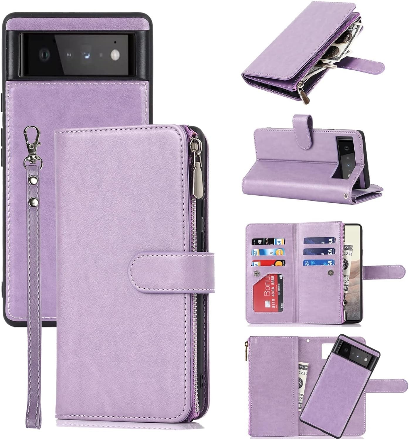 Jaorty Compatible with Google Pixel 6 Wallet Case,[6 Card Slots] [Wrist Strap] [Stand Feature] Detachable 2 in 1 Magnetic Zipper Leather Cover Case for Google Pixel 6,6.4" Rosegold  Jaorty 2 In 1 Purple  