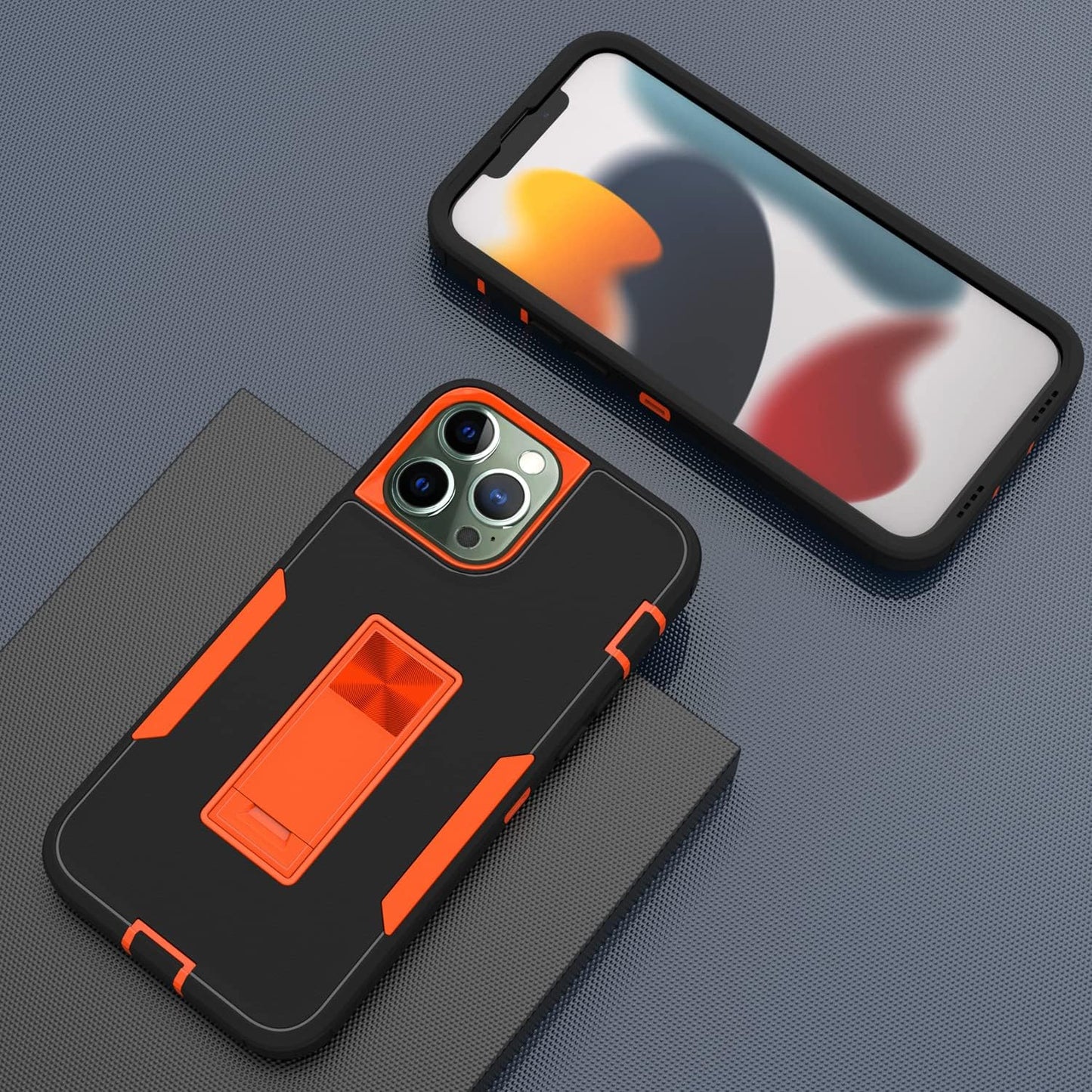 Wulibox Professional Design for Iphone 12 Pro Max Case with Stand, Shockproof Drop Protection, Fit for Magnetic Car Mount, Upgrade Hard Pc&Premium Soft TPU Kickstand for Men Women (Black-Orange)  Wulibox   