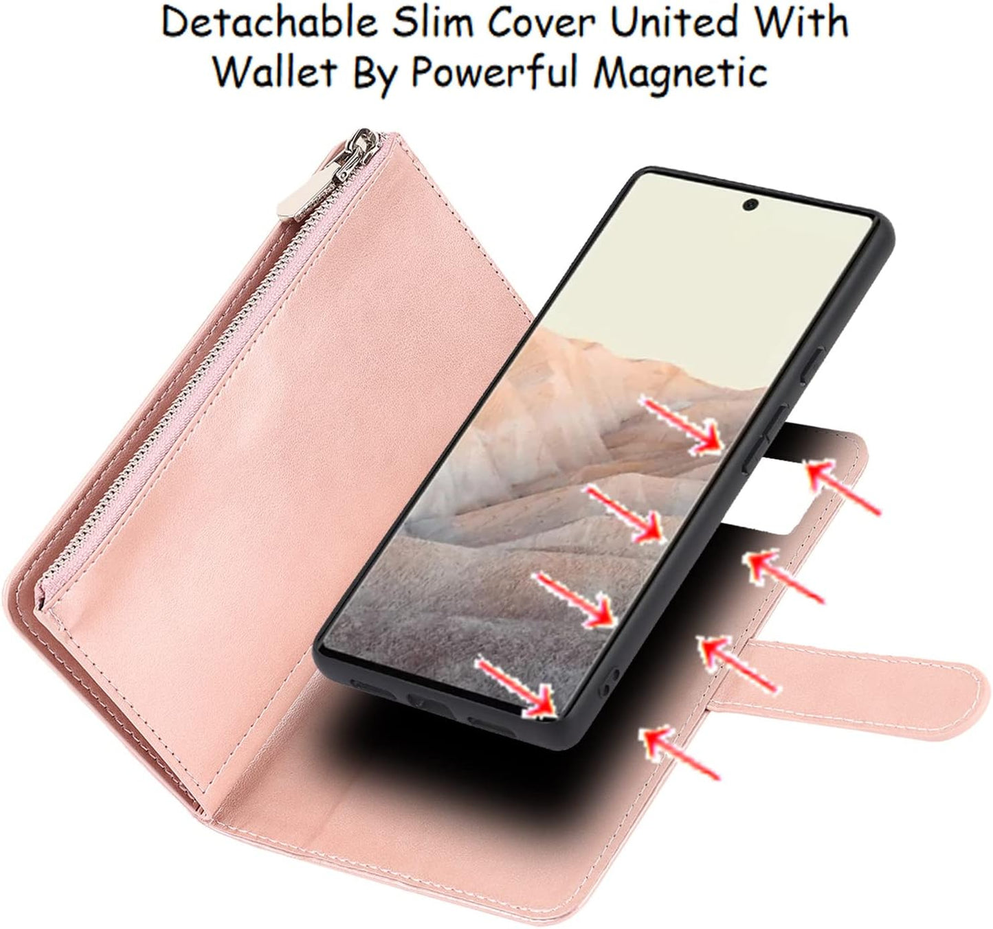 Jaorty Compatible with Google Pixel 6 Wallet Case,[6 Card Slots] [Wrist Strap] [Stand Feature] Detachable 2 in 1 Magnetic Zipper Leather Cover Case for Google Pixel 6,6.4" Rosegold  Jaorty   