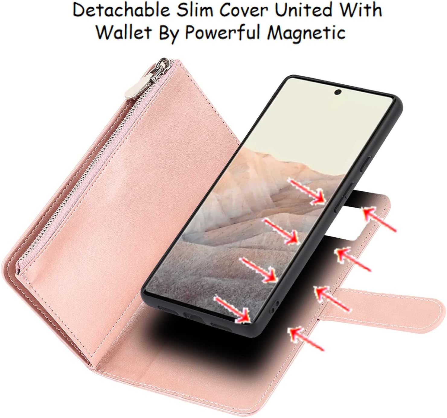 Jaorty Compatible with Google Pixel 6 Wallet Case,[6 Card Slots] [Wrist Strap] [Stand Feature] Detachable 2 in 1 Magnetic Zipper Leather Cover Case for Google Pixel 6,6.4" Rosegold  Jaorty   
