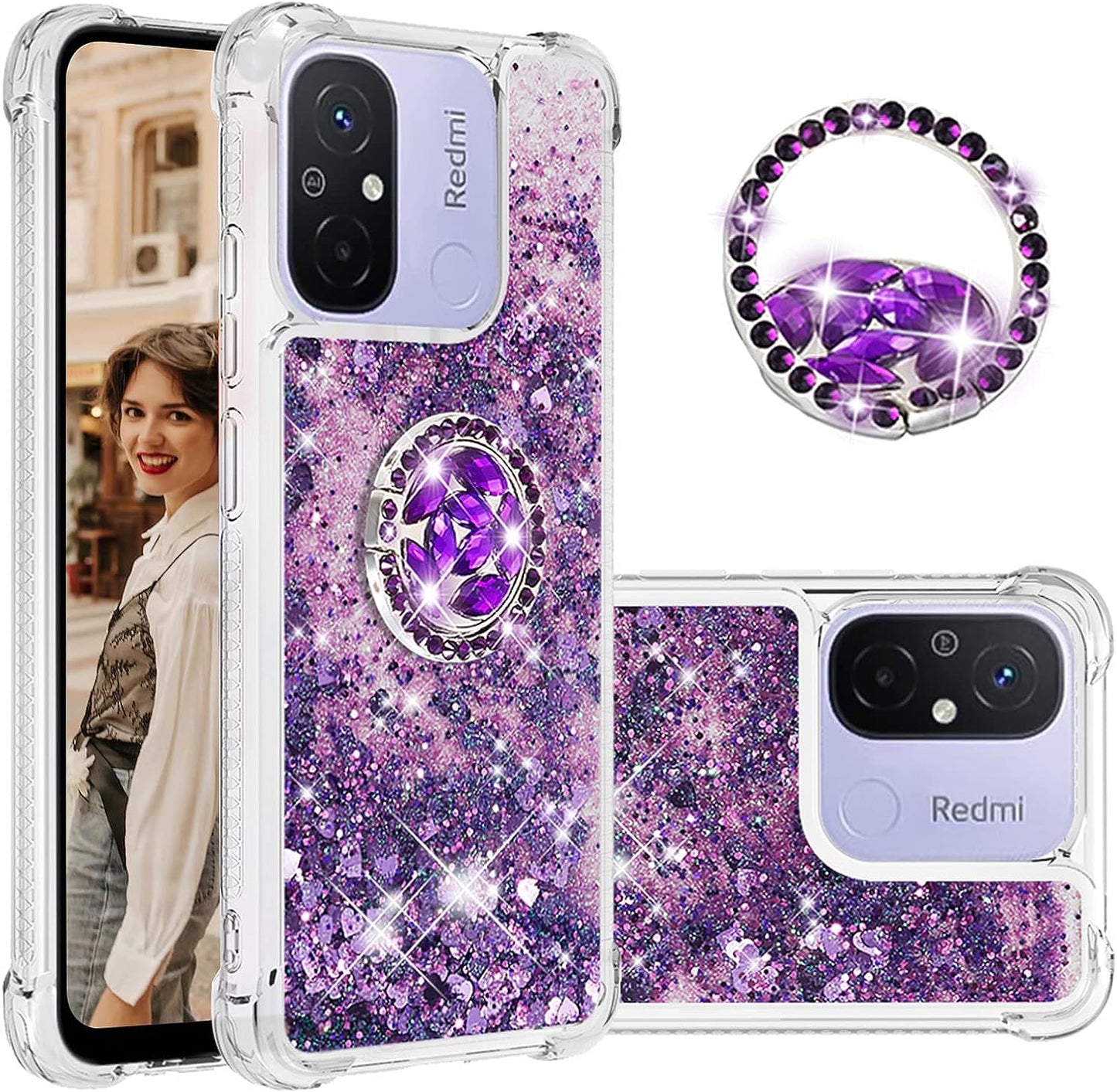 Tncavo for Xiaomi Redmi 12C Case for Woman, Moving Liquid Holographic Sparkle Glitter Cases with Diamond Ring Soft Clear TPU Luxury Girly Cute Phone Cover for Xiaomi Redmi 12C LSZ Silver  Tncavo Purple Full 