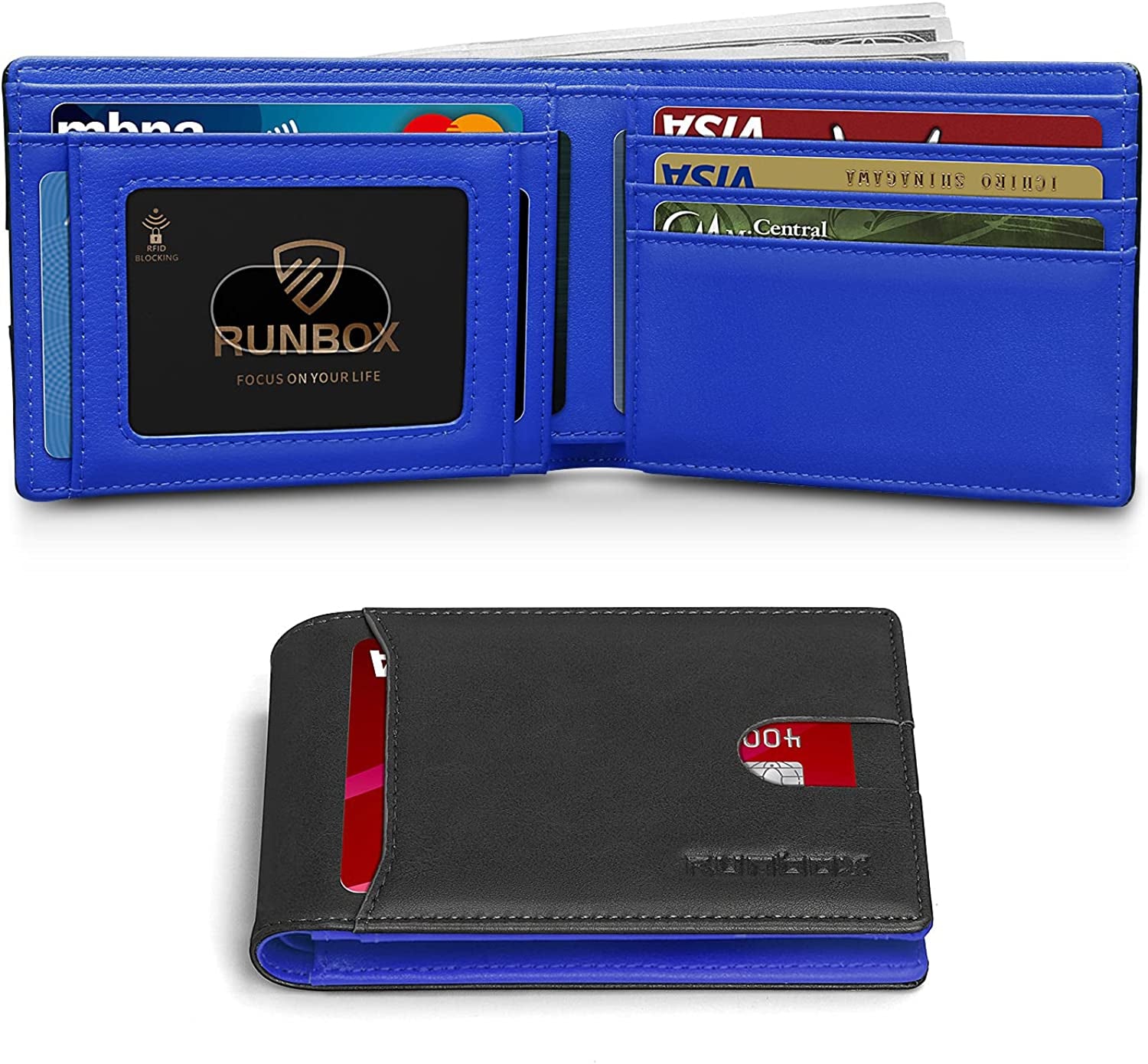 RUNBOX Bifold Slim Wallet for Men - Rfid Blocking Leather Front Pocket Men'S Wallet with Gift Box  RUNBOX oil black&blue  