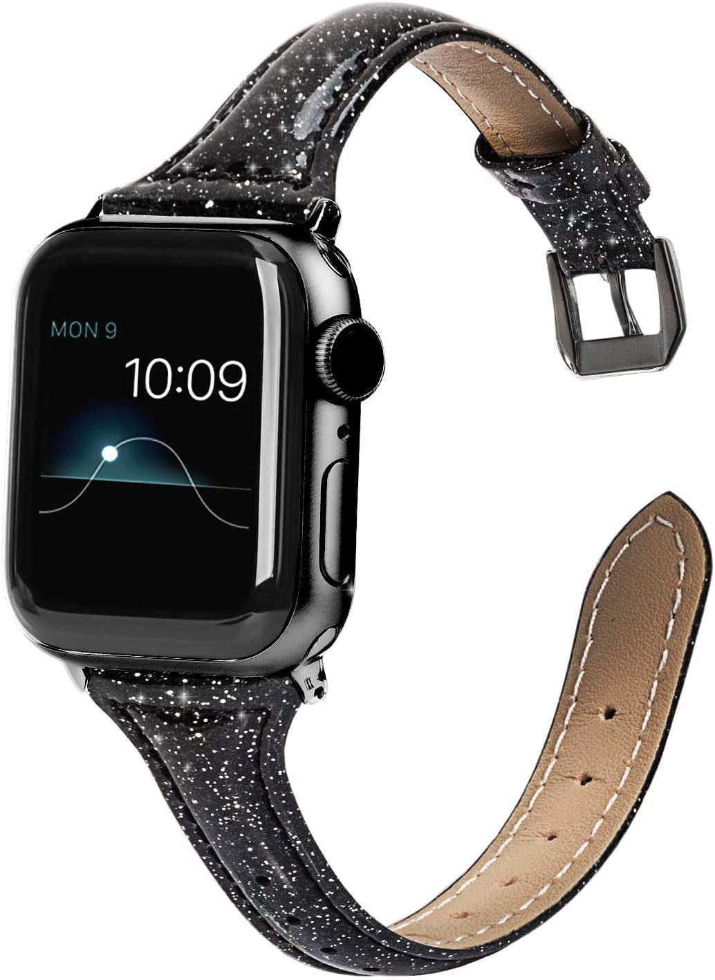 Wearlizer Rose Gold Leather Compatible with Apple Watch Leather Bands 38Mm 40Mm 41Mm Womens for Iwatch Series 8 7 6 5 4 3 2 1 SE Shiny Slim Smooth Wristband Bling Glitter Strap (Gold Clasp)  Wearlizer Black with Black Clasp 38/40/41mm 