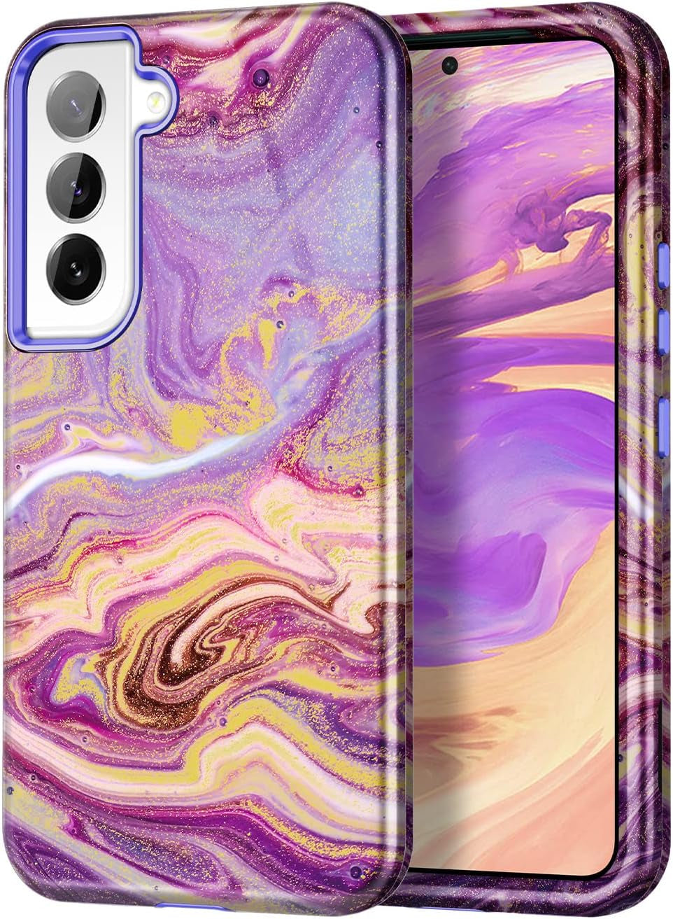 Btscase for Samsung Galaxy S22+/S22 plus 5G Case, Marble Pattern 3 in 1 Heavy Duty Shockproof Full Body Rugged Hard Pc+Soft Silicone Drop Protective Women Girl Covers for S22+/S22 Plus, Blue Gray  Btscase Drift Sand/Purple  