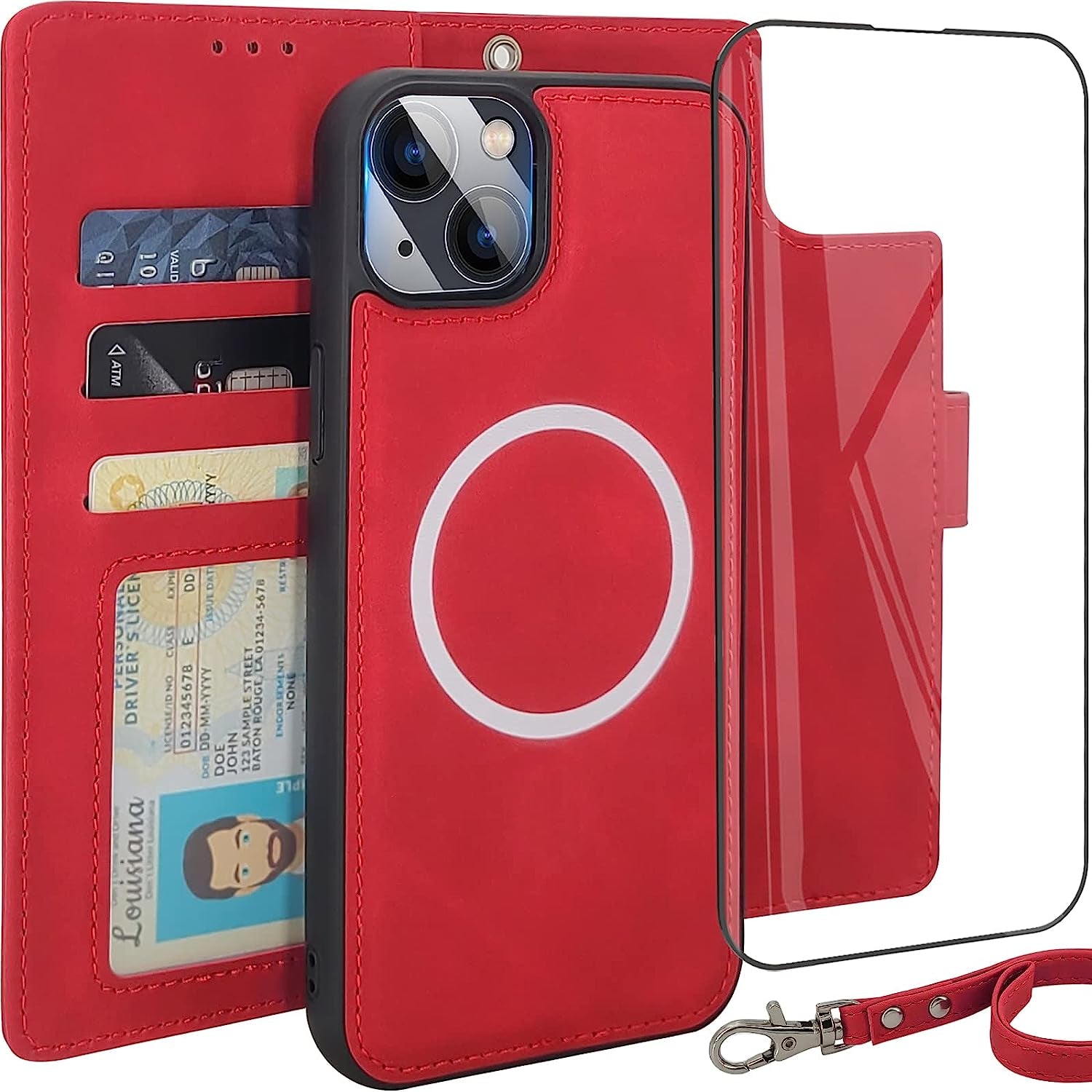CAVOKAS Case Wallet for Iphone 14 Pro Wallet Case, 6.1 Inch Magnetic Detachable Leather Flip Case with Card Holders, Compatible with Magsafe Wireless Charging Kickstand Phone Cover RFID Block, Blue  CAVOKAS Red iPhone 14 Plus 