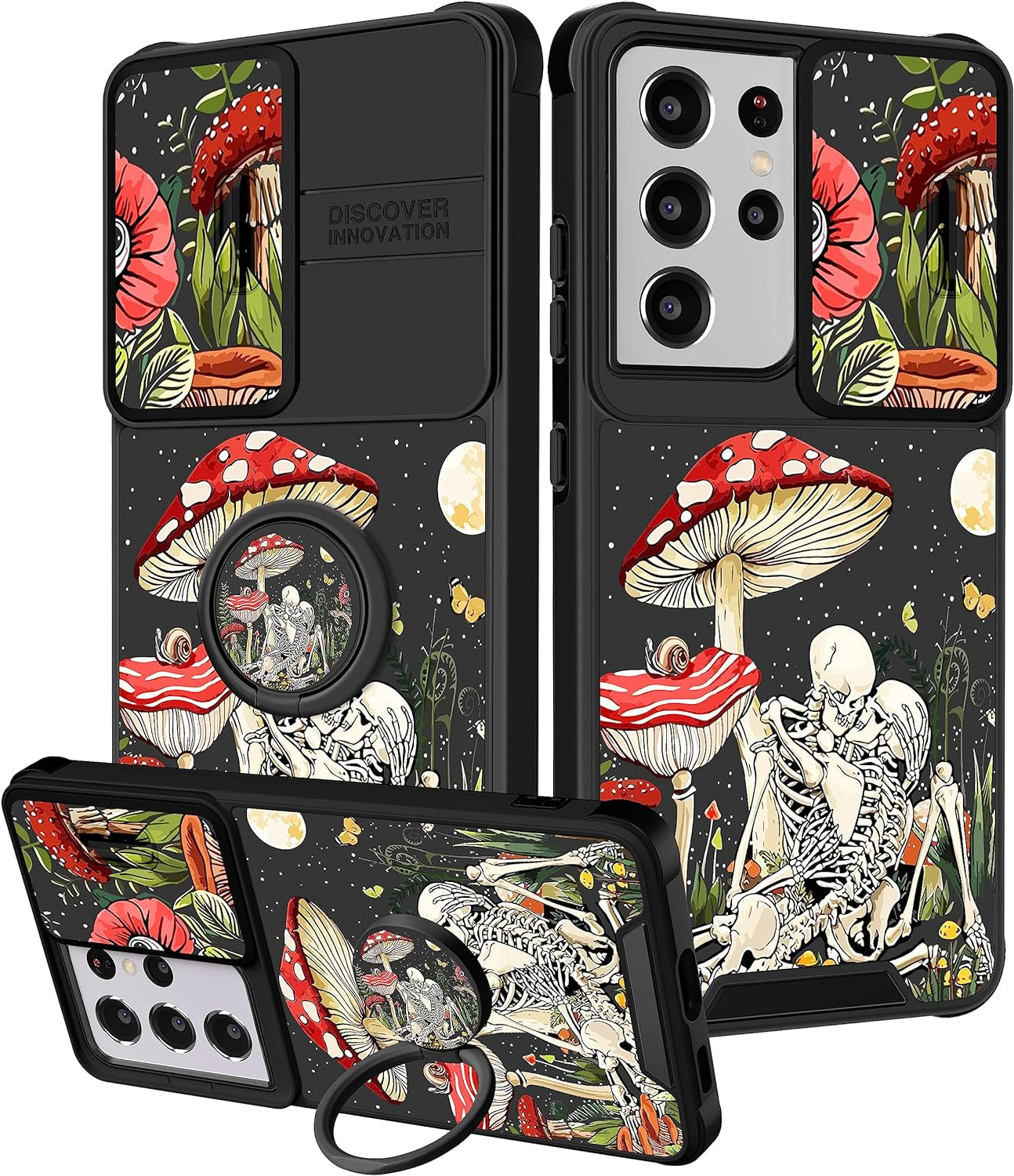 Funermei (2In1 for Samsung Galaxy S21 Ultra Case for Women Sunflower Cute Girls Phone Cover Flowers Floral Girly Sun Flower Black Design with Camera Cover+ Ring Stand for S21 Ultra Case  Funermei Mushroom Skull  
