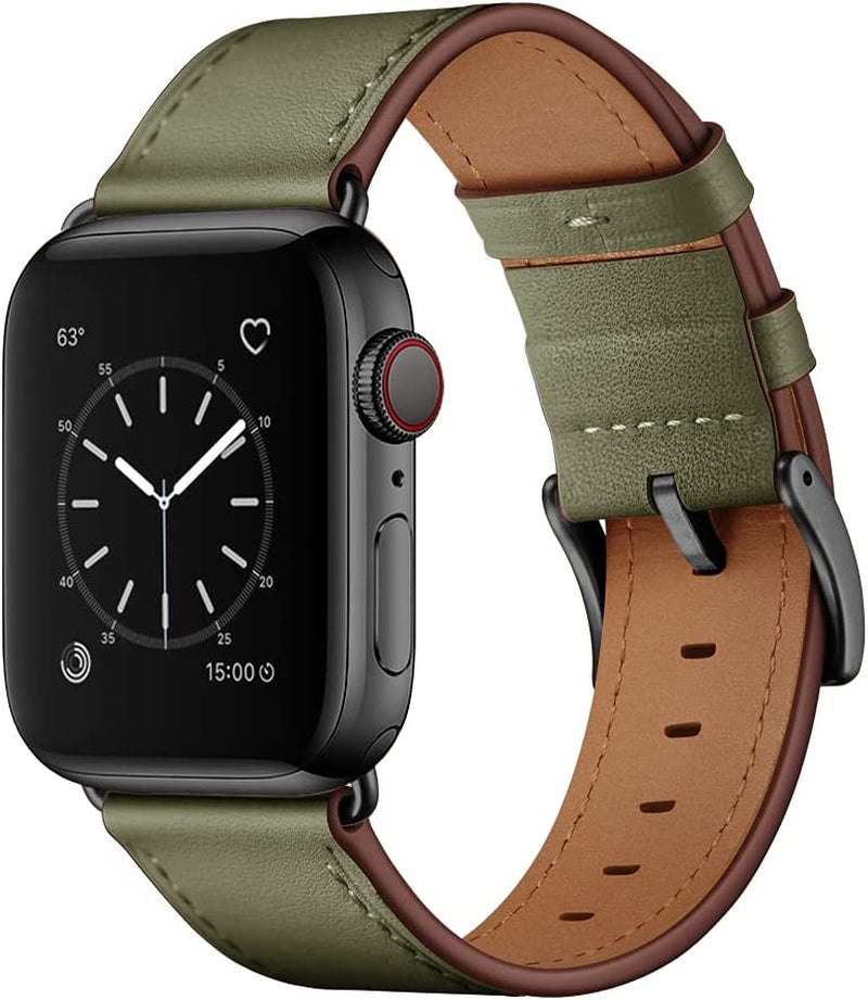 OUHENG Compatible with Apple Watch 49Mm 45Mm 44Mm 42Mm, Genuine Leather Band Replacement Strap Compatible with Apple Watch Ultra Series 8/7/6/5/4/3/2/1/SE2/SE, Black Band with Black Adapter  OUHENG Army Green/Black 49mm/45mm/44mm/42mm 