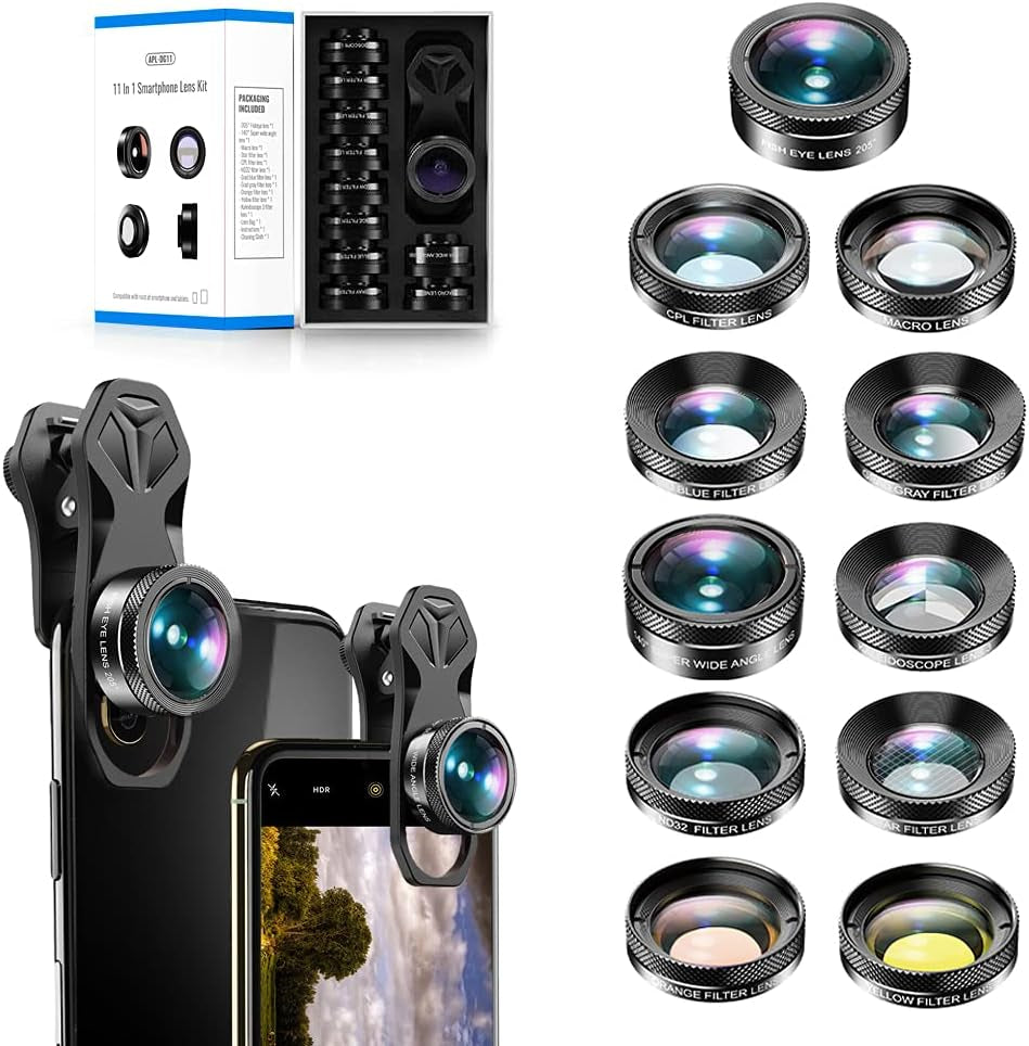 11 in 1 Universal Clip on Cell Phone Camera Lens Kit. 205°Fisheye 140° Super Wide Angle 15X Macro Star CPL ND32 Kaleidoscope 4 Color Lens for Iphone Samsung Huawei and Most of Smartphone  Phorsen   