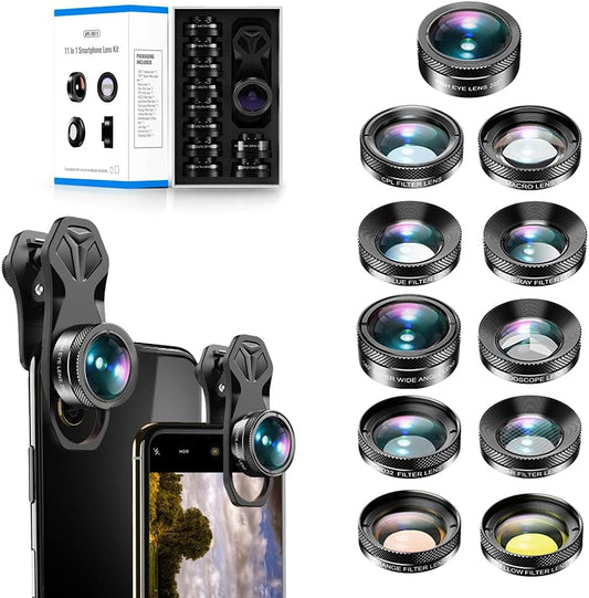 11 in 1 Universal Clip on Cell Phone Camera Lens Kit. 205°Fisheye 140° Super Wide Angle 15X Macro Star CPL ND32 Kaleidoscope 4 Color Lens for Iphone Samsung Huawei and Most of Smartphone  Phorsen   