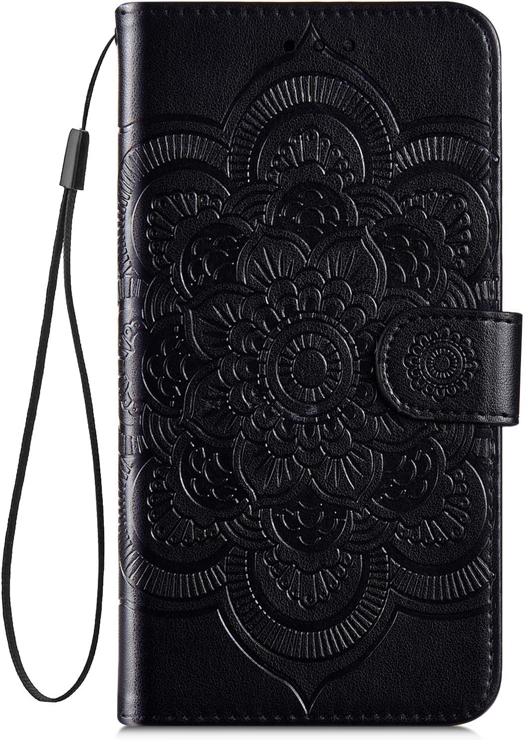 IKASEFU Compatible with LG V40 Thinq Case Emboss Sun Mandala Floral Pu Leather Wallet Strap Case Card Slots Shockproof Magnetic Stand Feature Folio Flip Book Cover Protective Case,Black  IKASEFU   