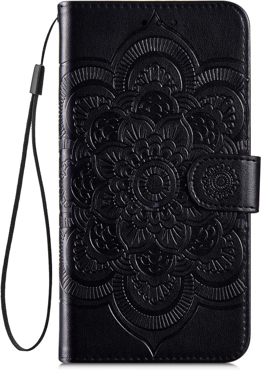 IKASEFU Compatible with LG V40 Thinq Case Emboss Sun Mandala Floral Pu Leather Wallet Strap Case Card Slots Shockproof Magnetic Stand Feature Folio Flip Book Cover Protective Case,Black  IKASEFU   